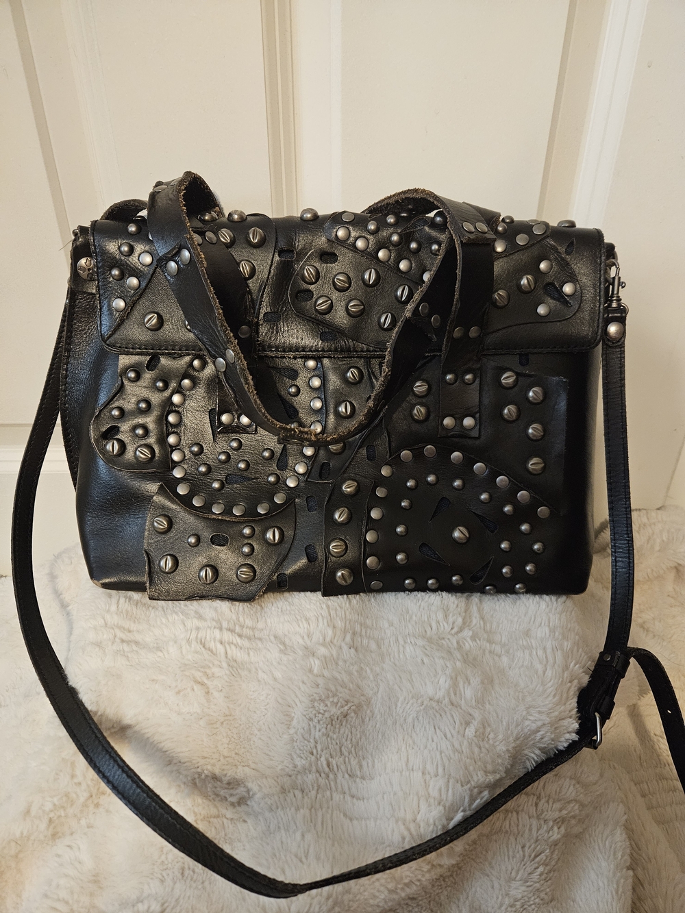 Patricia Nash Black Studded Leather Shoulder Bag
